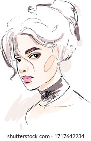 Beautiful young woman face makeup vector drawing sketch. Fashion portrait illustration.