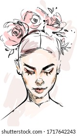 Beautiful young woman face makeup with closed eyes and rose flowers on head vector drawing sketch. Fashion portrait illustration.