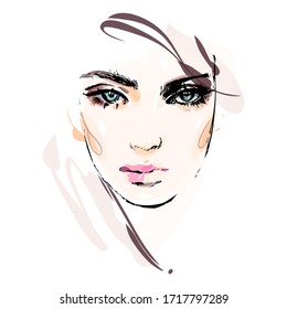 Beautiful young woman face makeup vector drawing sketch. Fashion portrait illustration.