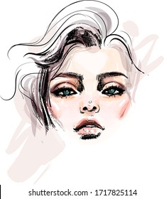 Beautiful young woman face makeup close up vector drawing sketch. Fashion portrait illustration.