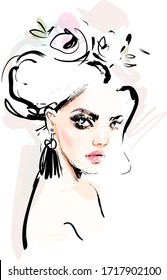 Beautiful young woman face makeup with flowers on head vector drawing sketch. Fashion portrait illustration.