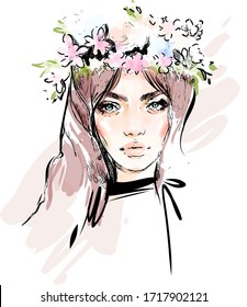 Beautiful young woman face makeup with flowers on head vector drawing sketch. Fashion portrait illustration.