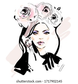 Beautiful young woman face makeup with rose flowers wreath on head vector drawing sketch. Fashion portrait illustration.