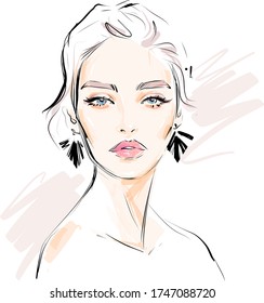 Beautiful young woman face makeup drawing sketch. Hand drawn modern fashion illustration of a girl model art portrait. Beauty background for cosmetics banner design.