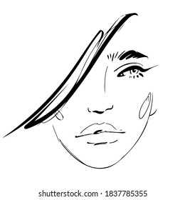 Beautiful young woman face makeup fashion drawing. Girl black and white portrait illustration for beauty salon design.