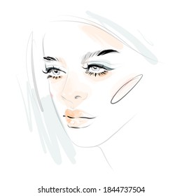 Beautiful young woman face makeup drawing sketch. Fashion girl portrait illustration on white background.