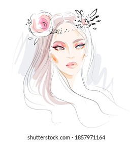 Beautiful young woman face makeup with rose flowers in her hair watercolor drawing sketch. Hand drawn fashion illustration.