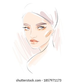 Beautiful young woman with face makeup, sketch drawing. Hand drawn fashion illustration. Natural skin care beauty.