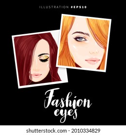 Beautiful young woman face makeup vector set fashion illustration. Girl model head drawing sketch. Beauty salon and make up artist concept design.