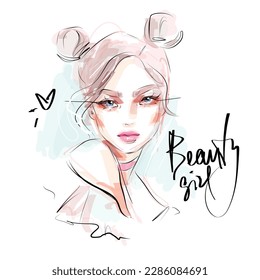 Beautiful young woman face makeup portrait watercolor illustration. Fashion girl drawing sketch art. Glamour female model on white background.