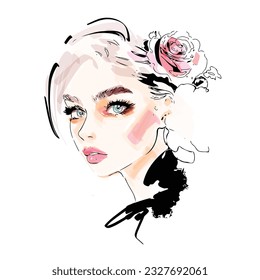 Beautiful young woman face makeup vector drawing sketch. Fashion girl model portrait illustration.