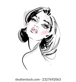 Beautiful young woman face makeup black and white vector drawing sketch. Fashion girl model portrait illustration.