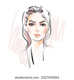 Beautiful young woman face makeup vector drawing sketch. Fashion girl model portrait illustration.