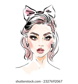Beautiful young woman face makeup vector drawing sketch. Fashion girl model portrait illustration.