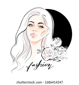 Beautiful young woman face with natural makeup and hairstyle vector drawing illustration. Girl portrait for beauty salon design, spa, fashion background.