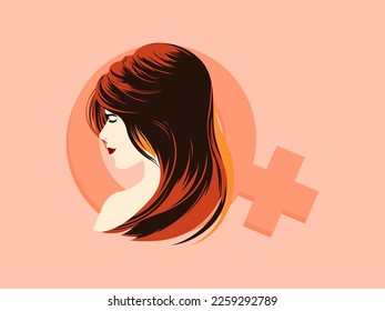 Beautiful Young Woman Face On Venus Symbol And Pastel Red Background. Happy Women's Day Concept.