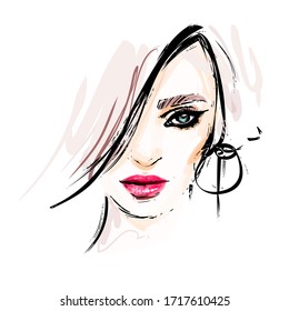 Beautiful young woman face party makeup with smokey eyes and red lips vector drawing sketch. Fashion portrait illustration.