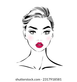 Beautiful young woman face with red lips black and white vector drawing sketch. Abstract girl model portrait fashion illustration for modern print design.