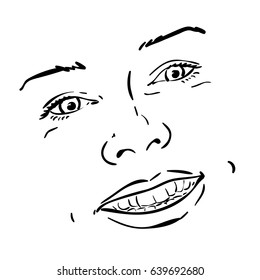 Beautiful young woman face smile with dimples on cheeks, Vector sketch, Hand drawn illustration Line art