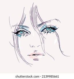 Beautiful young woman face watercolor drawing sketch. Fashion girl portrait illustration.