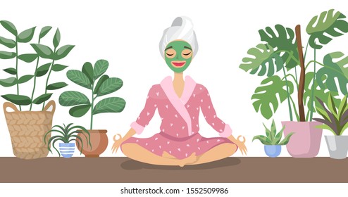 Beautiful young woman with facial mask on her face relax. Skin care and treatment, spa, natural beauty and cosmetology concept. relaxing at home