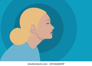 A beautiful young woman with fair skin and blond hair, side view. Head and shoulders. Blonde close-up on a blue background in a flat vector style. Illustration for a banner, cover, poster.