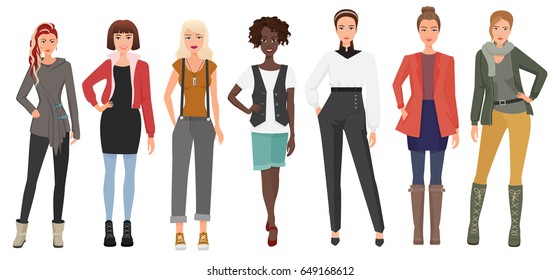 Beautiful young woman in fashion clothes set. Cartoon girls lady characters. Vector illustration.