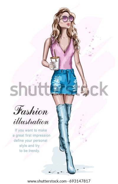 ファッション服を着た美しい若い女性 ポーズ付けファッションモデルの全身 ポートレート コーヒーカップを持つかわいい女の子 サングラスをかけたファッションガール スケッチ ベクターイラスト のベクター画像素材 ロイヤリティ フリー