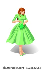 Beautiful young woman in a fashion retro clothes is looking into her bag.