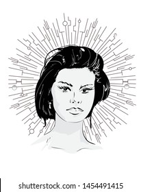 Beautiful young woman. Fashion sketch. Fashion girls face. Hand-drawn fashion model. Woman face on a white background.