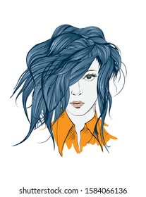 Beautiful young woman. Fashion sketch. Fashion girls face. Hand-drawn fashion model. Woman face on a white background.