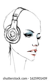 Beautiful Young Woman. Fashion Sketch. Bald Girl Face In Headphones. Hand-drawn Fashion Model. Woman Face On A White Background.