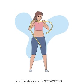 Beautiful young woman in fitness clothes and tape measure, weight loss and exercise for body shape and good health,vector illustration.