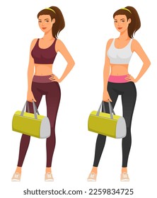 bella joven con ropa de fitness, sosteniendo una bolsa deportiva. Una chica apropiada en el gimnasio, con la cara sonriente y de pie con la mano en la cadera. Estilo de vida saludable o concepto de dieta. Aislado en blanco.
