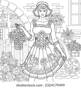 Beautiful young woman with floral basket. Adult coloring book page with intricate ornament.