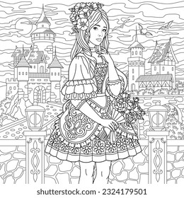 Beautiful young woman with the floral bouquet. Adult coloring book page with intricate ornament.