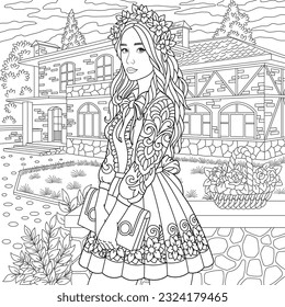 Beautiful young woman in the floral garden. Adult coloring book page with intricate ornament.