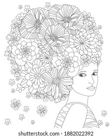 beautiful young woman and floral hairstyle round shape and summer flowers looking over her shoulder for your coloring page