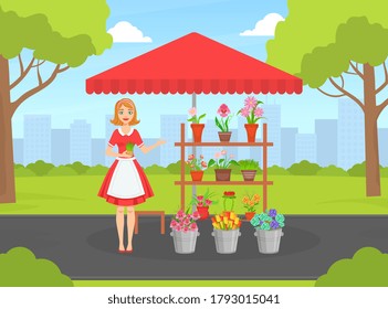 Beautiful Young Woman Florist in Apron Selling Bouquets of Flowers at Street Market Kiosk or Stand Flat Vector Illustration