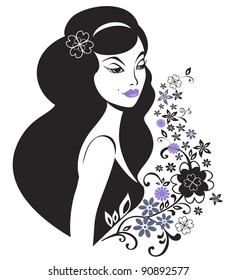 Beautiful young woman with flower pattern. Editable vector illustration