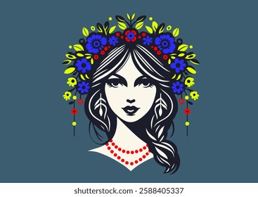 Beautiful young woman with flower wreath. Image for spring banner, card, poster, logo, flyer, icon. Cute girl with flower wreath. Pretty lady in nature. Happy womens day. Isolated vector illustration