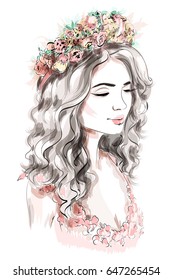 Beautiful young woman with flower wreath in blonde hair. Fashion girl. Sketch. Vector illustration.