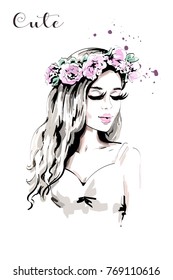 Beautiful young woman with flower wreath in her hair. Hand drawn woman portrait with curly hair. Cute girl. Sketch.