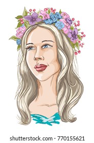 Beautiful young woman in flower wreath. Portrait girl with long hair. Hand drawn sketch. Vector illustration.