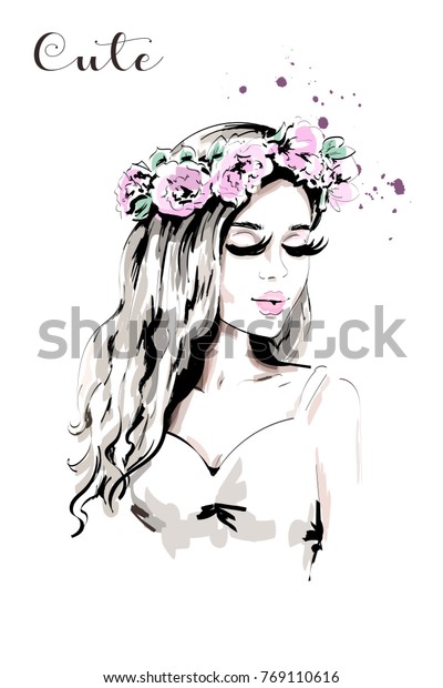 Beautiful Young Woman Flower Wreath Her Stock Vector Royalty Free