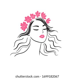 Beautiful young woman with flowers on her head on a white background. Isolated female face with red or pink lips. Girl silhouette with a wreath of flowers.Vector stock illustration.
