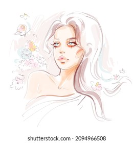 Beautiful young woman with flowers vector watercolor drawing sketch. Fashion girl face portrait illustration on white background.