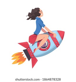 Beautiful Young Woman Flying on Space Rocket, Leadership, Competition Concept Cartoon Style Vector Illustration