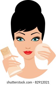 Beautiful young woman with foundation cream and a cosmetic sponge.  vector, no gradient, color full