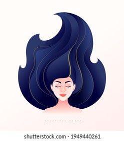 Beautiful young woman front face with long blue hair, Modern girl with blushing expression and closed eyes, Vector illustration of female model, Fashion and beauty.